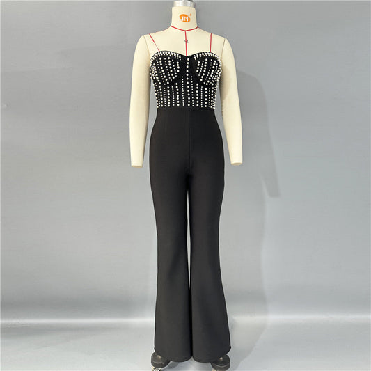 Sexy Pearl Tube Top Elegant Slim Bootcut Pants Bandage Jumpsuit