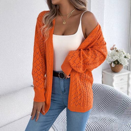 Autumn Winter Hollow Out Cutout out Lantern Long Sleeve Cardigan Sweater Mid Length Coat Women Clothing