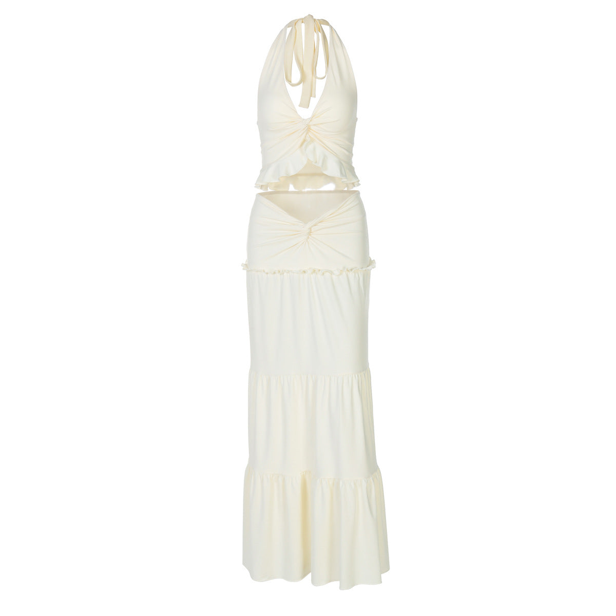 Women's V-neck Ruffled Halter Spaghetti Straps Detail Twisted Dress Suit