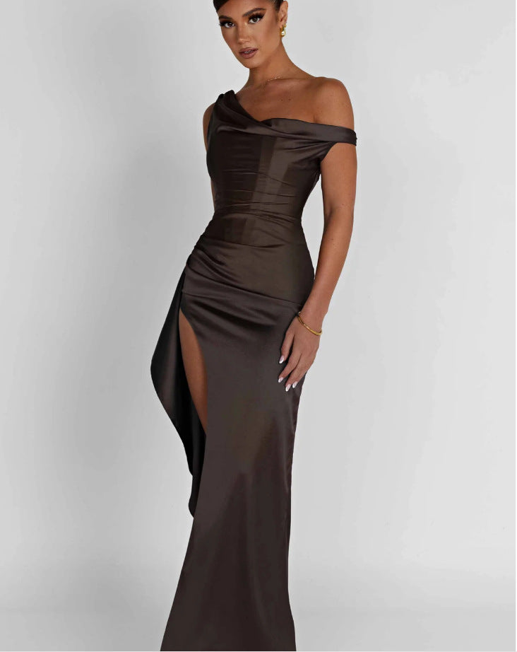Women's Slant Shoulder Satin Waist sinching Long Dress