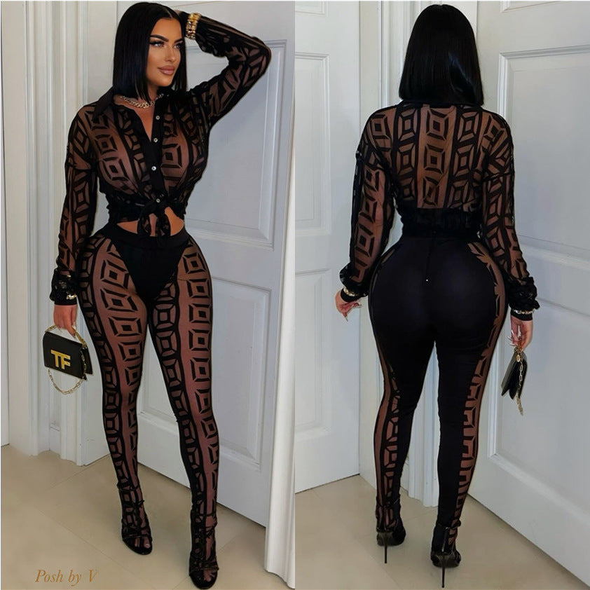 Printed Mesh See-through Shirt Pants Suit