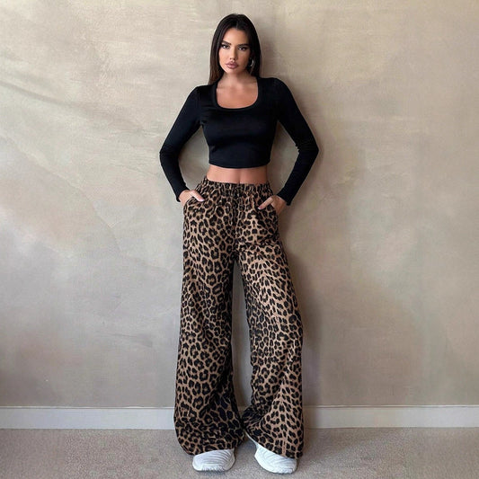 Women Clothing Satin Casual Pants Fall High Waist Leopard Print Loose Straight Satin Wide Leg Pants