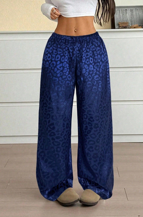 Women Clothing Autumn Satin Casual Pants Drawstring Leopard Print Mop Wide Leg Pants Long Pants