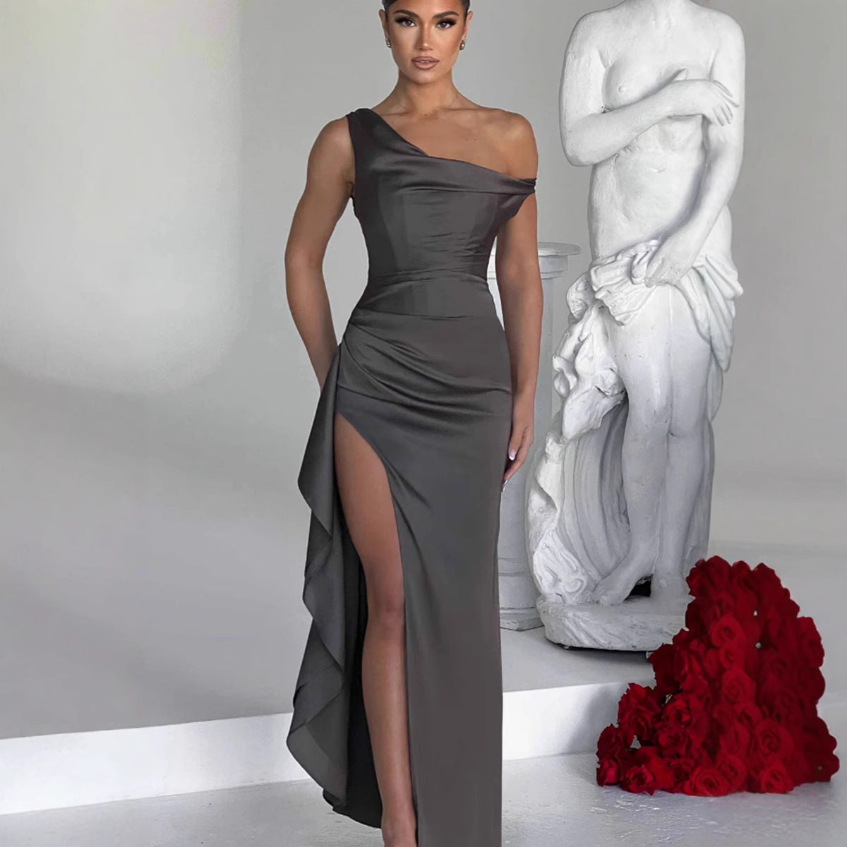 Women's Slant Shoulder Satin Waist sinching Long Dress