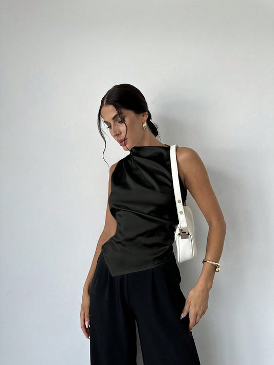 Summer Women Clothing Summer Satin Shirt Women Simple Sleeveless Satin Artificial Silk Shirt Top