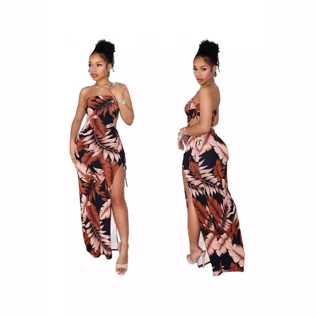 Strapless Flower Print High Slit Long Dress