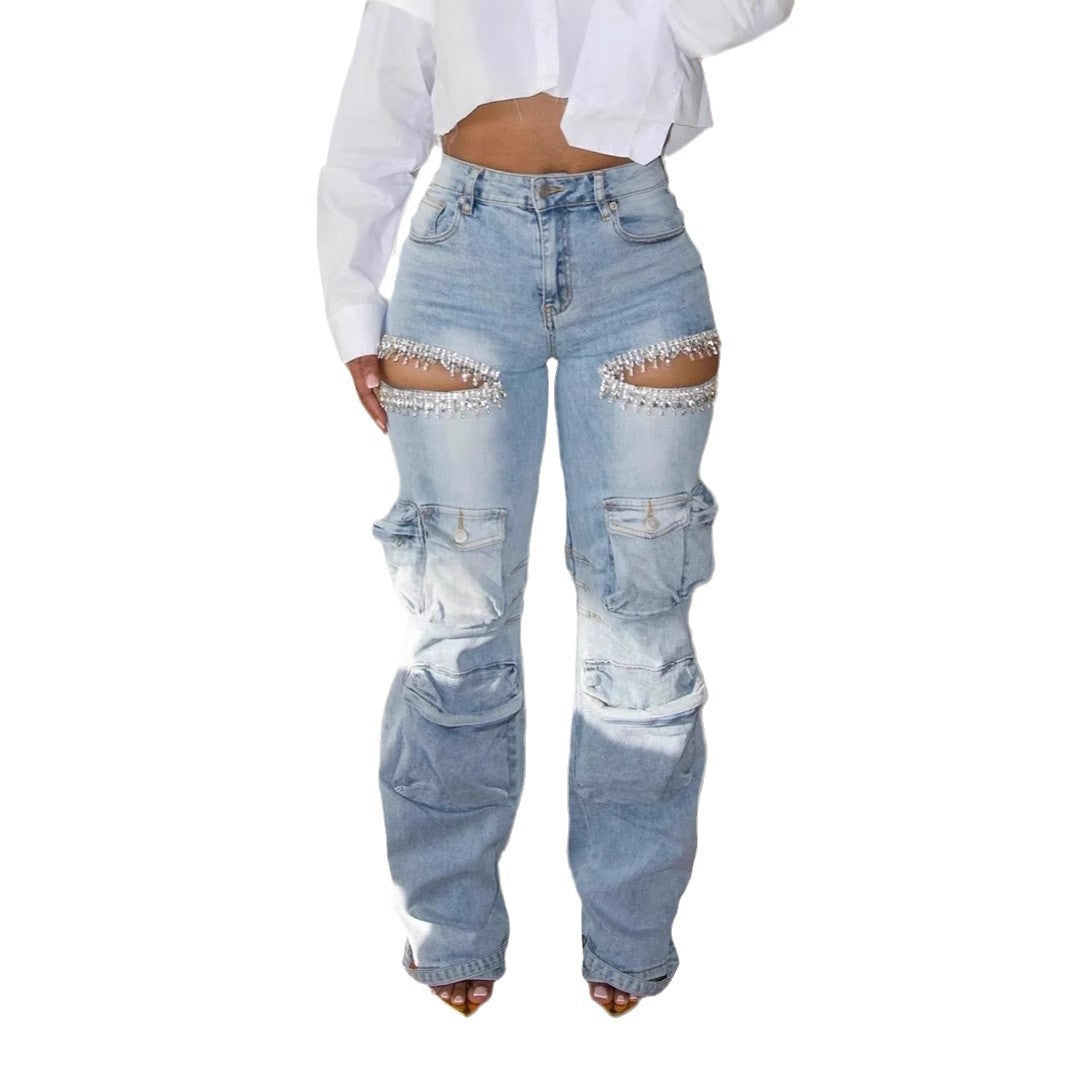 Thigh Hollow-out Rhinestone Decorations Cargo Multi-pocket Stretch Jeans