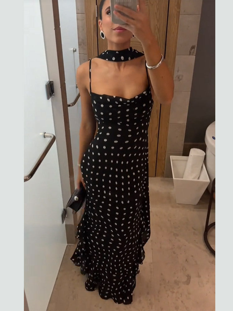 Sleeveless Polka Dot Scarf Ruffled Spaghetti Straps Dress set