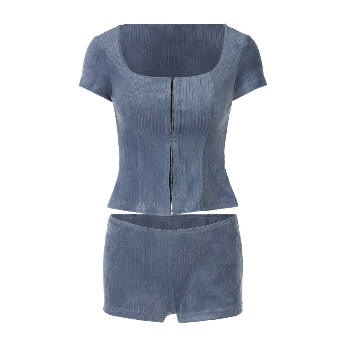 Ribbed Slim-fit Mid-sleeve Solid Color Top Shorts Ladies Two-piece Set