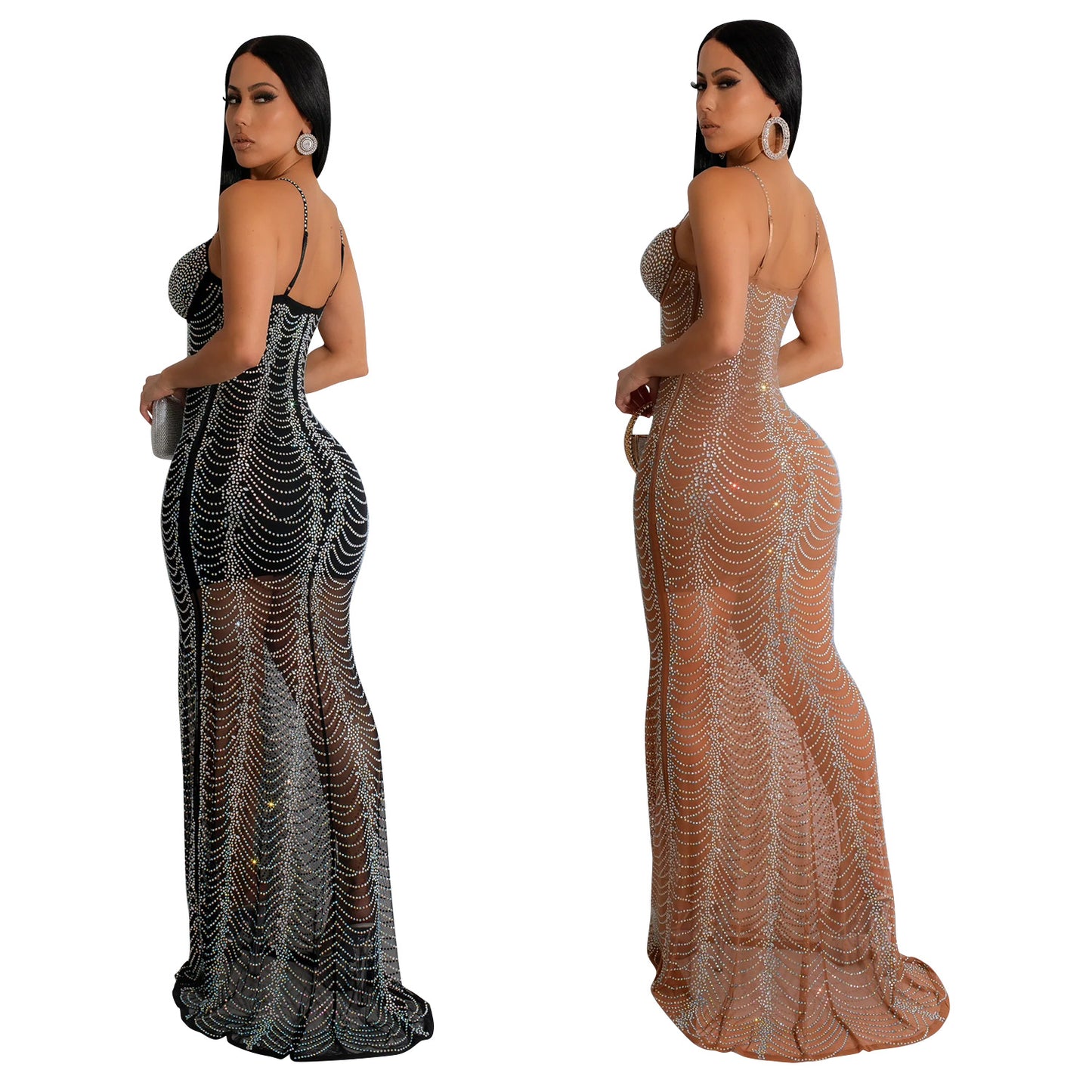 European And American Fashion Women's Pure Color Mesh Rhinestone Strap Dress