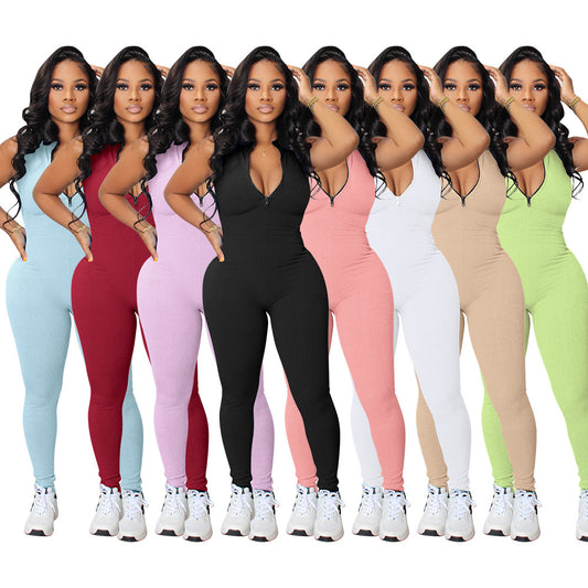 Women's Solid Color Stretch Small Sunken Stripe Zipper Jumpsuit