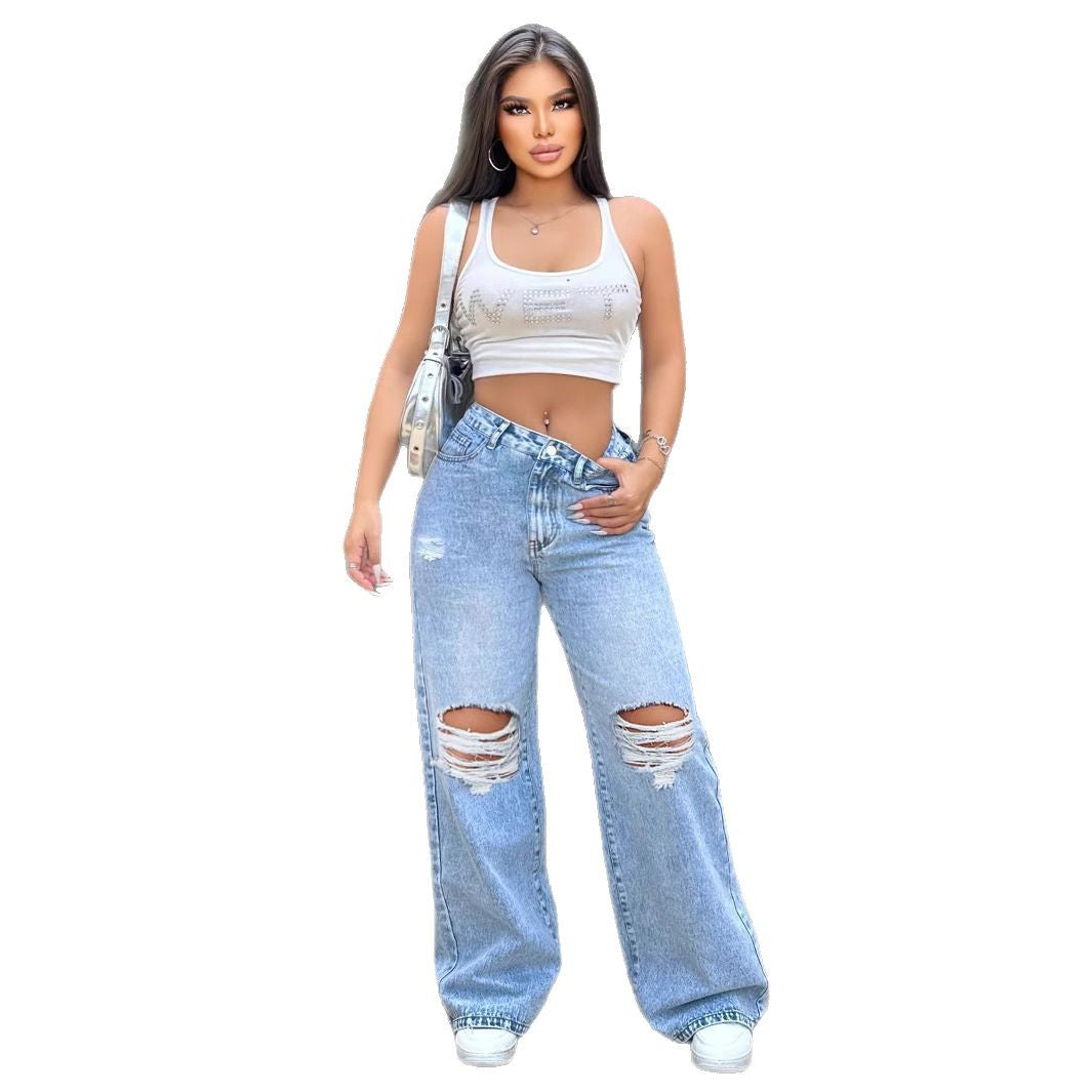 Ripped Washed Loose Straight Wide Leg Jeans