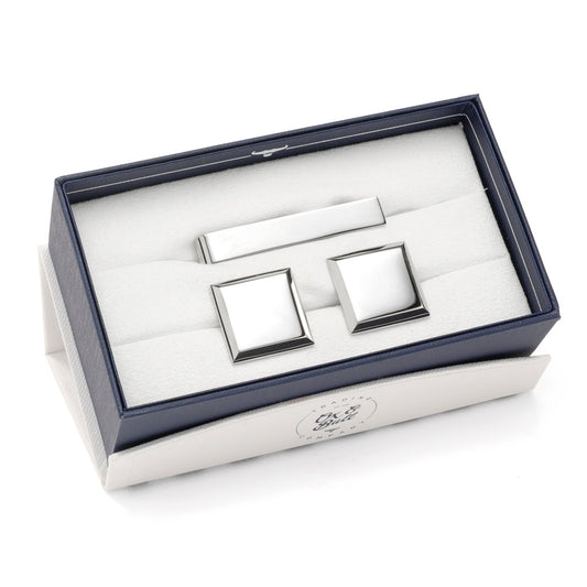 Stainless Steel Beveled Square Engravable Cufflinks and Tie Bar Gift Set