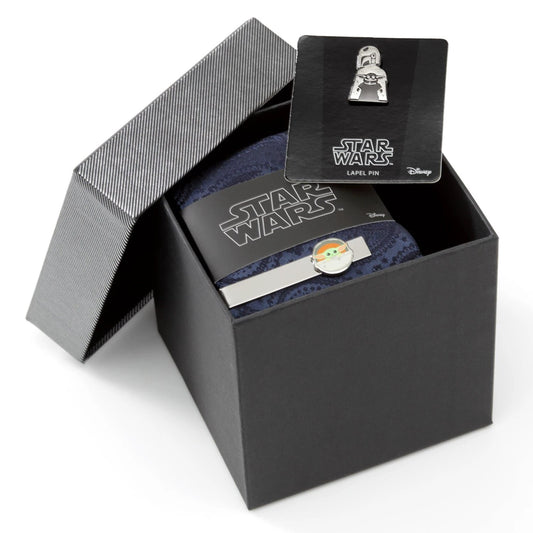 Star Wars Mandalorian and Grogu Navy Paisley Tie, Grogu Tie Bar, and Lapel Pin Gift Set by Cufflinks.com
