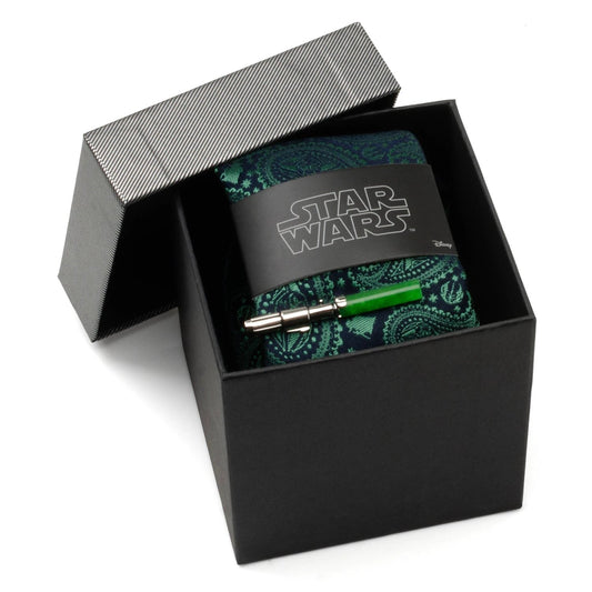 Star Wars Yoda Green and Blue Paisley Tie and LIGHTSABER Tie Clip Gift Set by Cufflinks.com