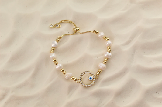 Evil Eye Pearl Beaded Bracelet Set Adjustable Evil Eye Bracelet by Views & Co