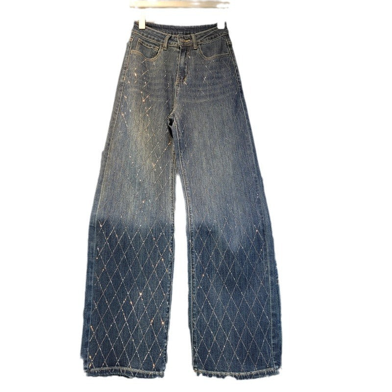 Heavy Industry Hot Rhinestone Lattice Diamond High Waist Loose Wide Leg Pants