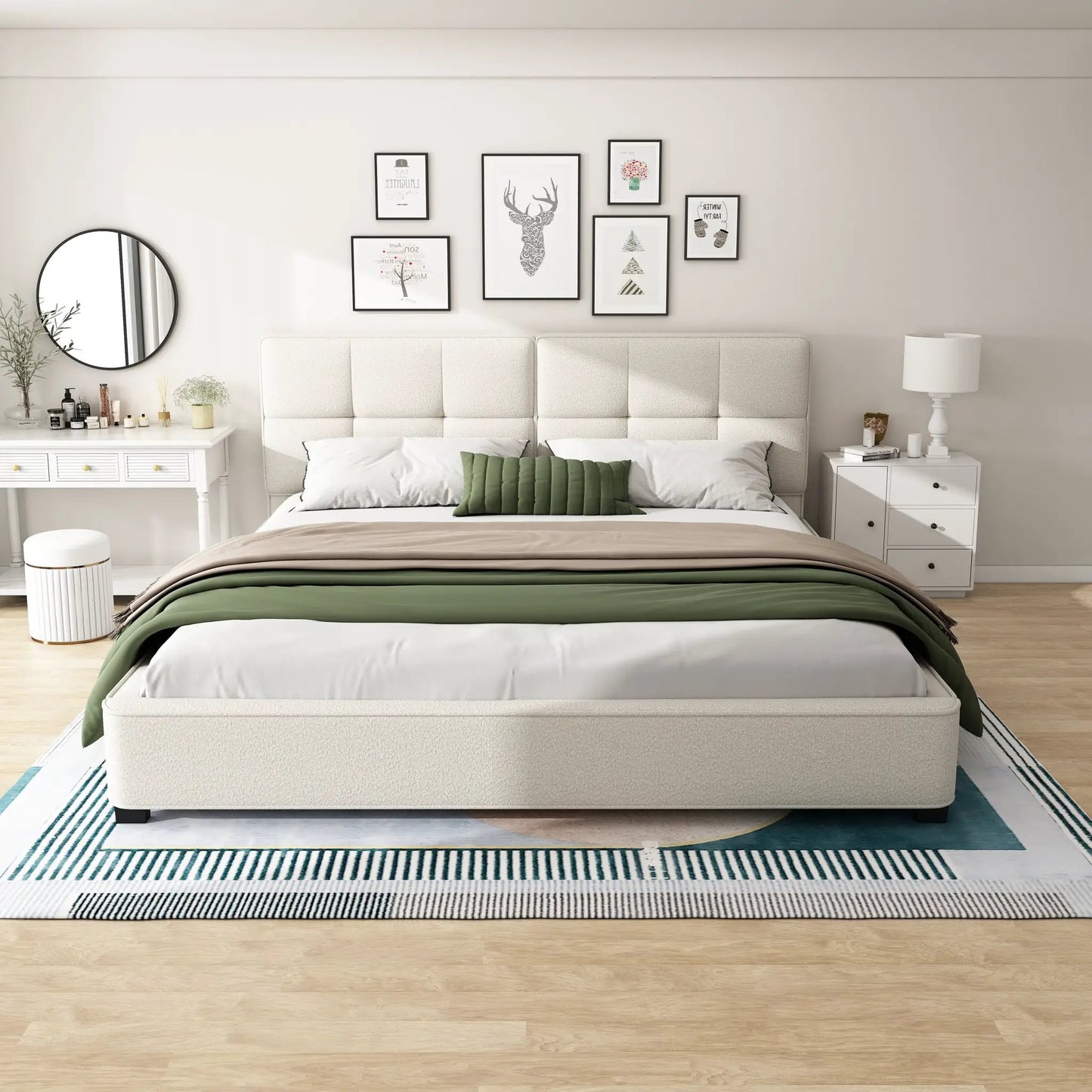 King Size Boucle Bed Frames, Upholstered Platform Bed With Curved Tufted Headboard, Soft Square Corners, Beige by GJG Denim