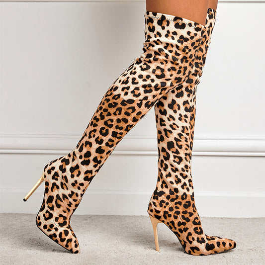 Winter Fashion Leopard Print Pointed-toe Skinny Stiletto Heel High Leg Boot by GJG Denim