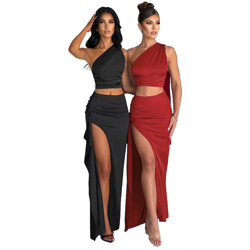 One-shoulder Satin Short Top High Waist Split Maxi Skirt