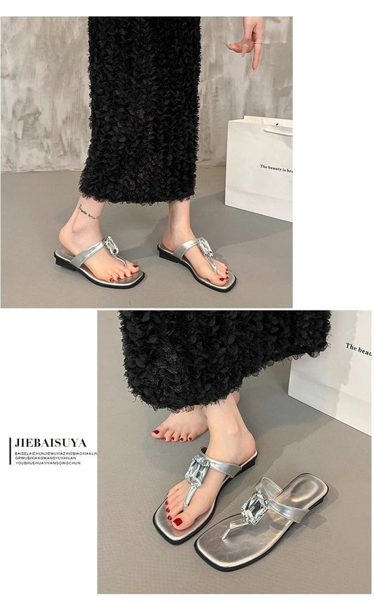 Oversized Crystal, Square Toe, Thong Sandals, French Glam, Low Block Heel, Slides by GJG Denim