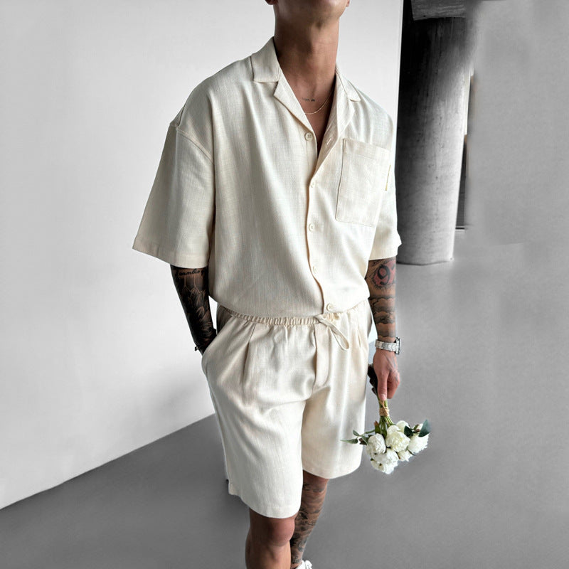 Casual Polo Collar Pocket Loose Short Sleeve Shirt Shorts Suit
