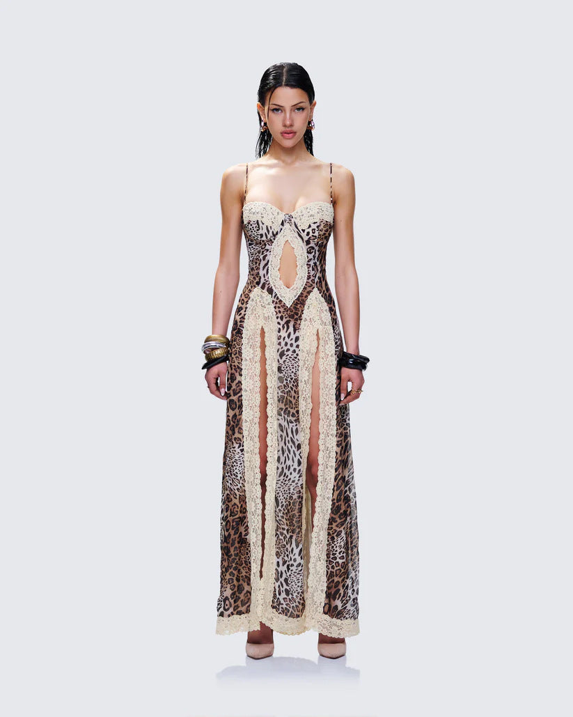 Leopard Print Sling Lace Patchwork Slit Exposed Navel Dress