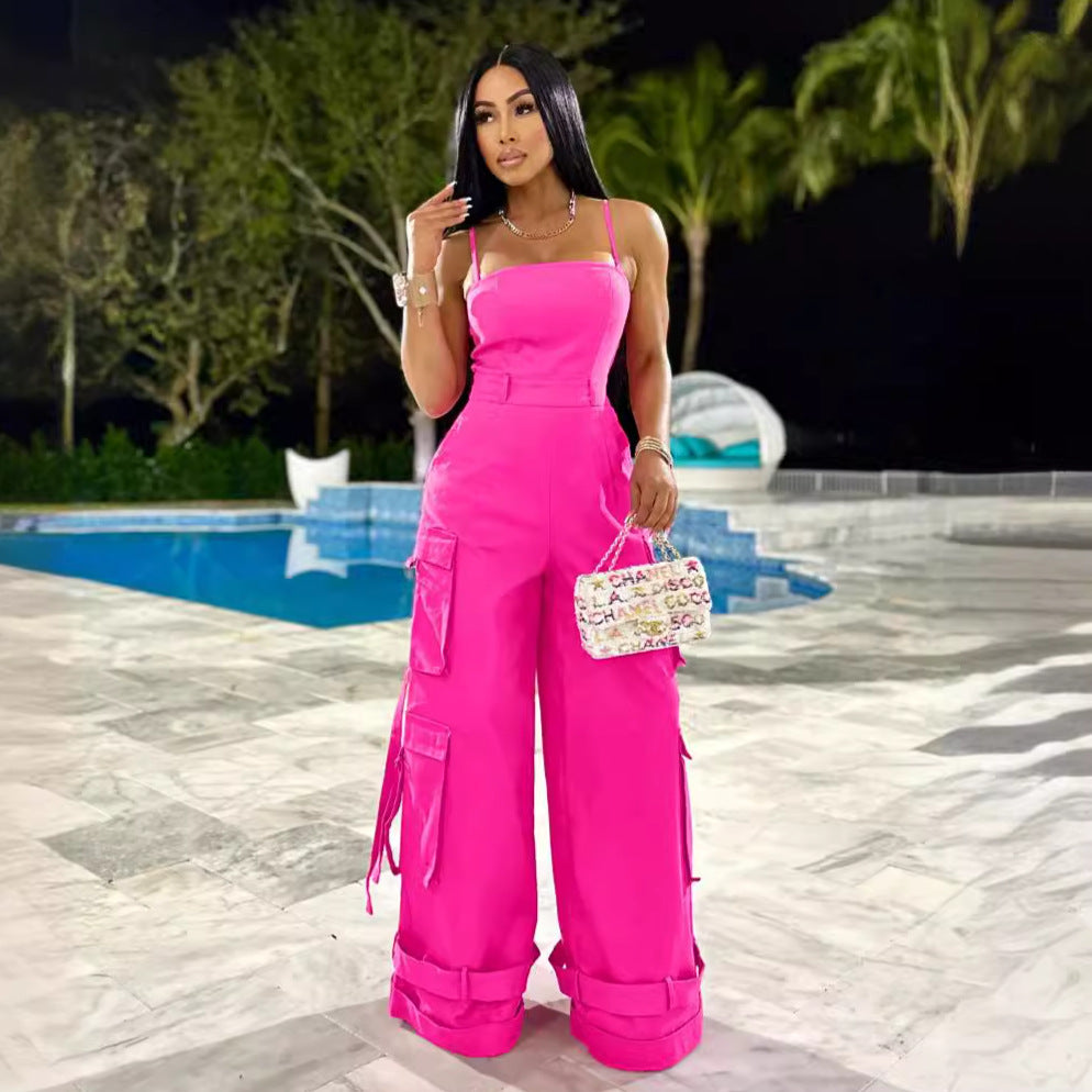 Tube Top Multi-pocket Cargo Wide Leg Jumpsuit