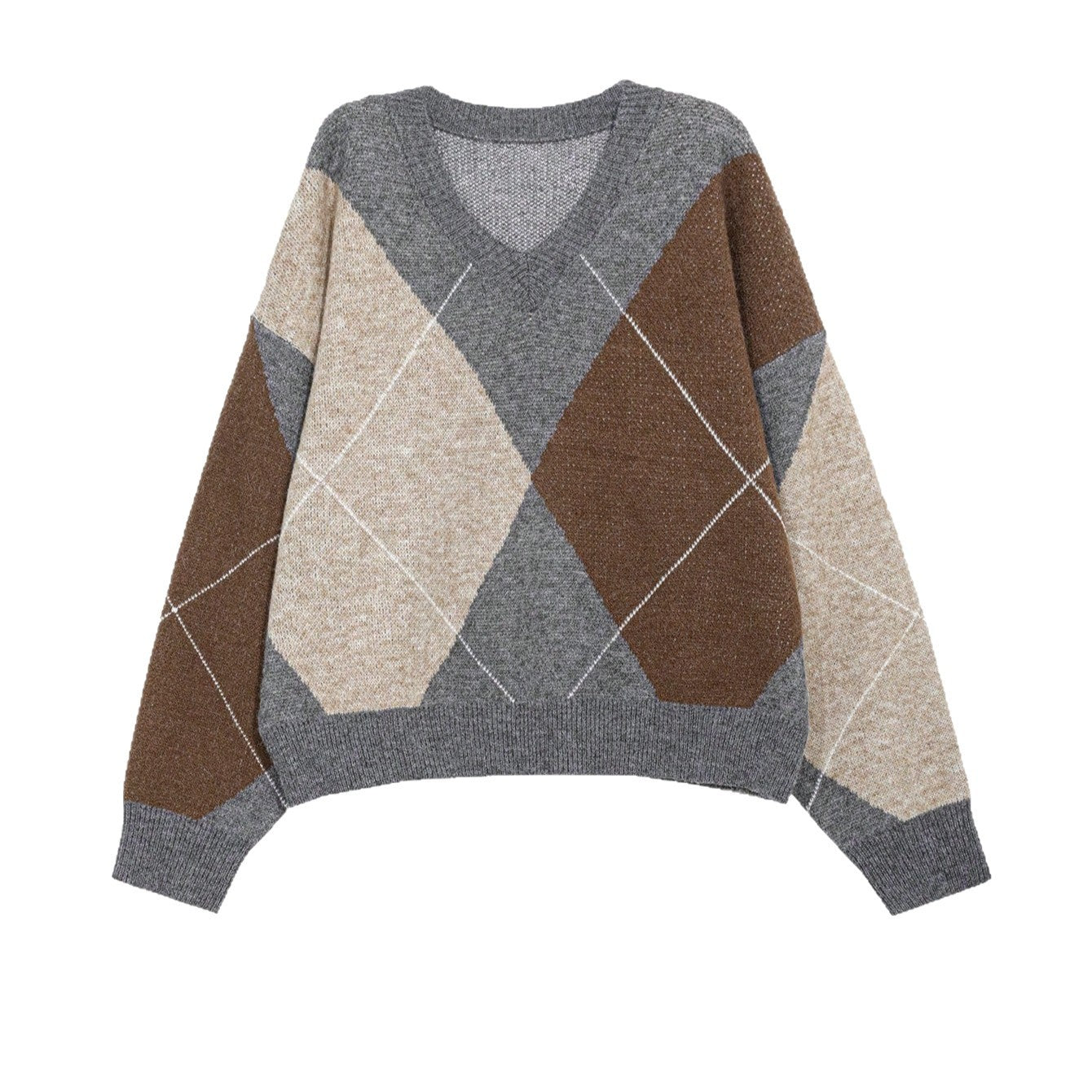 Retro Hit Color Diamond Lattice V-neck Sweater