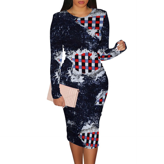 Women's Casual Printed Long-sleeve Round-collar Dress