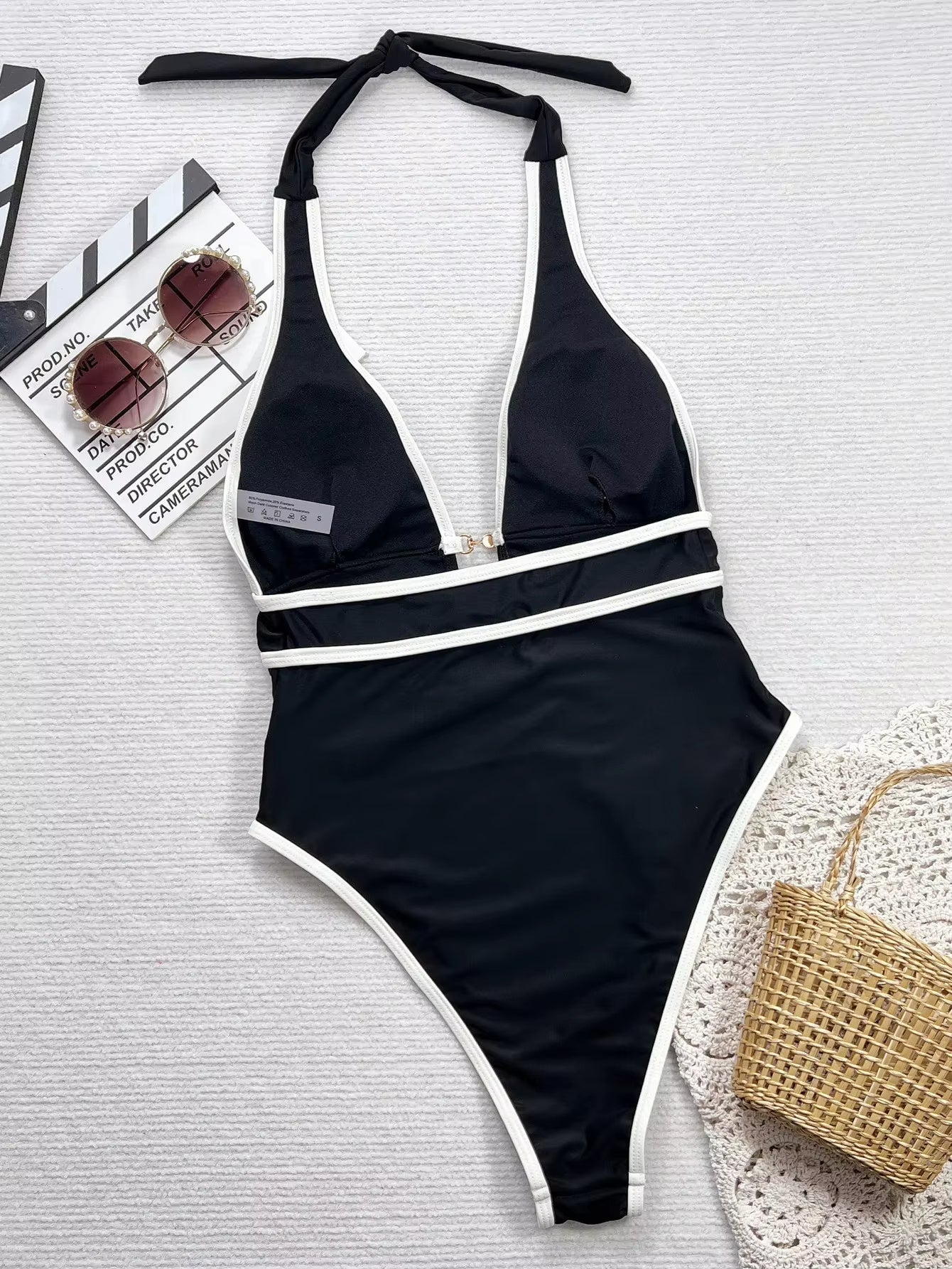 Sexy Bikini Suspender Deep V Black And White Cross Thin Swimsuit