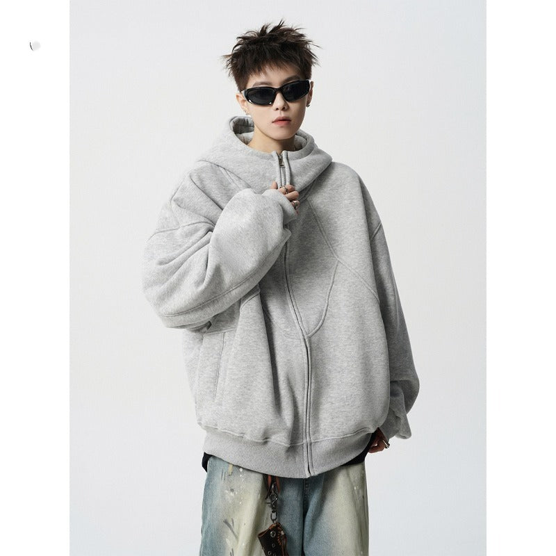 Men's Loose Design Stitching Zip-up Hooded Sweater