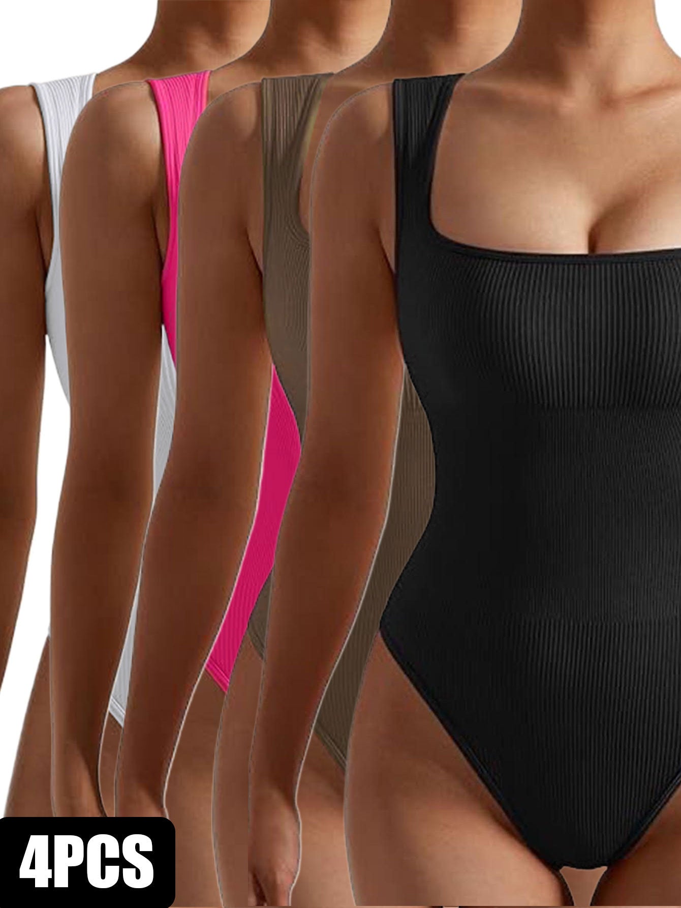 4 Pack Women body suit One Piece Bodycon Unitards Tummy Control Bodysuit Square neck