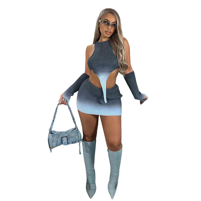 Knitted Gradient Irregular Top High Waist Skirt Set