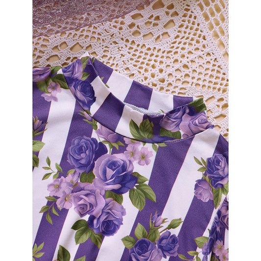 Toddler Girl Purple Rose Print Girls Outfit, Spring Fall Stripe Top With Belt Skirts Set Holiday Going Out Clothes