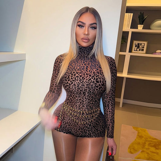 Half Turtleneck Leopard Print Slim Fit Slimming romper Women