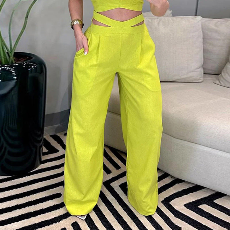 Backless Top Wide Leg Pants Yellow Set