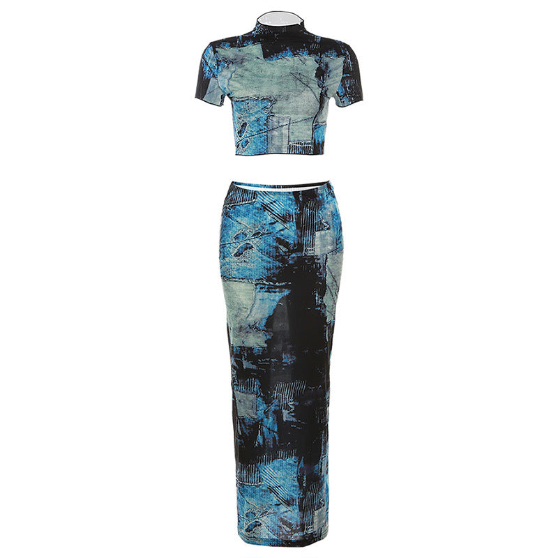 Round Neck Crop Top High Waist Hip Skirt Set