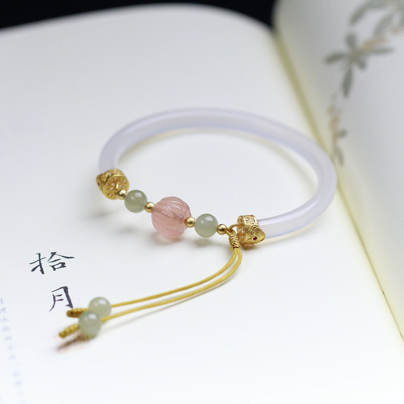 Natural White Agate Half Bracelet With South Red Lotus Beads Accessories S925 Silver