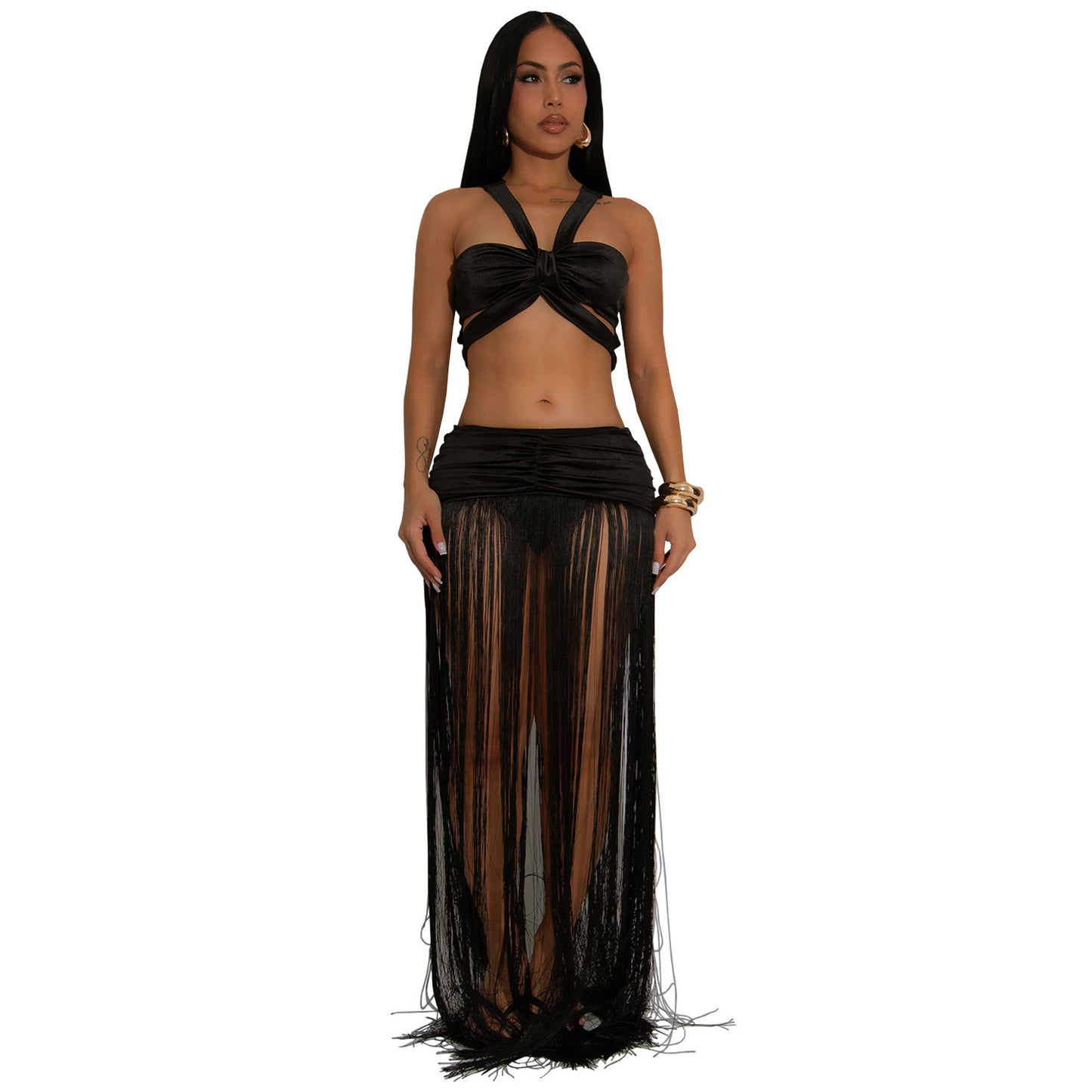Sexy Shoulder Strap Top Tassel Skirt Two-piece Set
