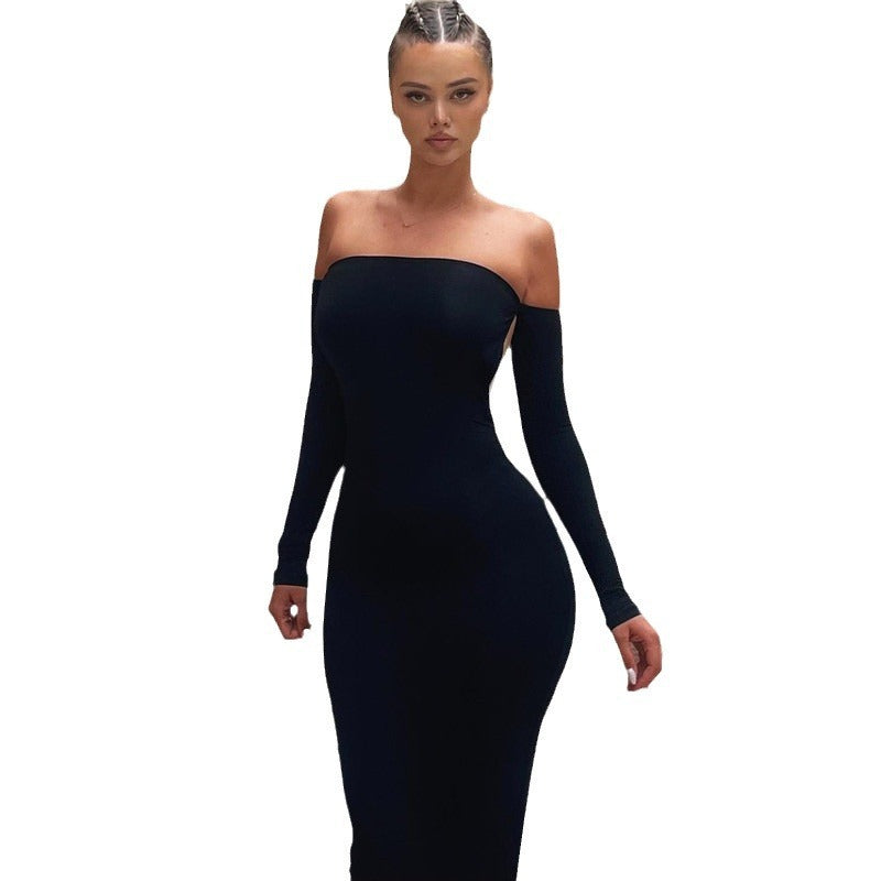 Solid Color Long Sleeve Tube Top Dress Backless