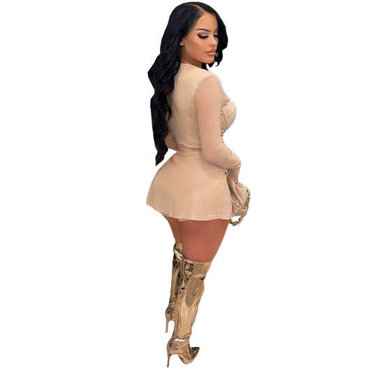 Gauze Mesh Sheer Two Piece Sportswear Women Zip Top Black Shorts Set