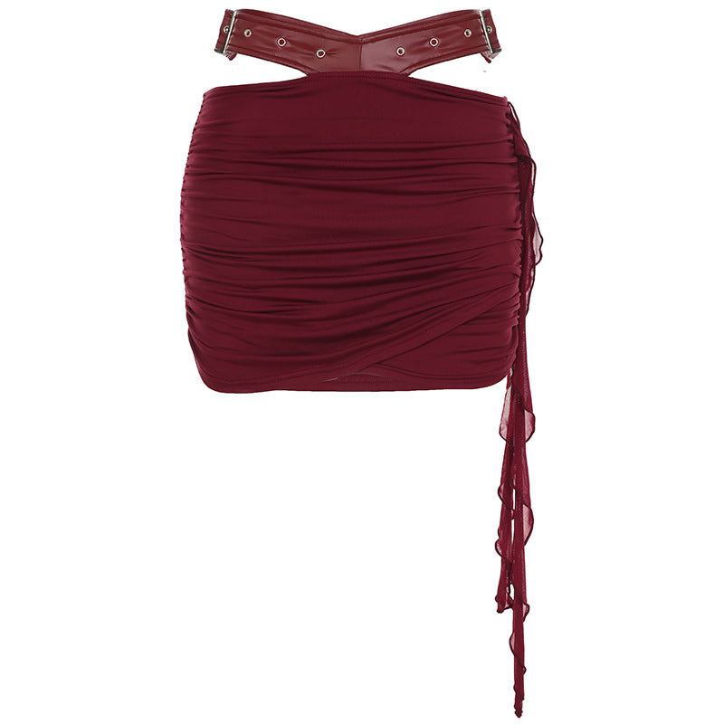 Lace-up Tube Top Leather Look Low Rise Hip Belted Skirt Set
