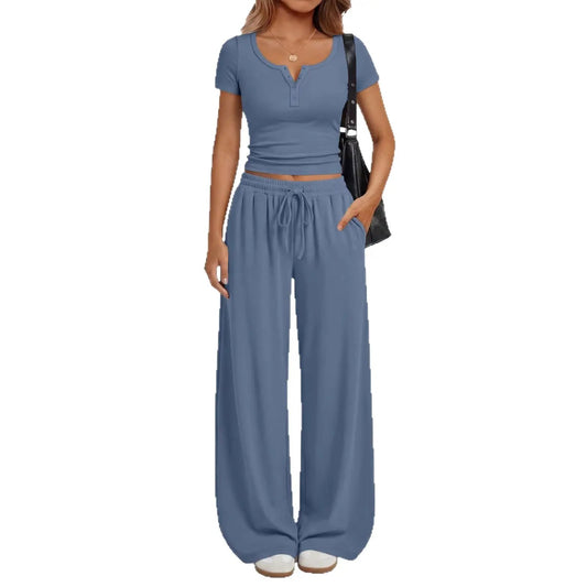 Women's Loungewear Short-Sleeve Top And Wide-Leg Pants Set by GJG Denim