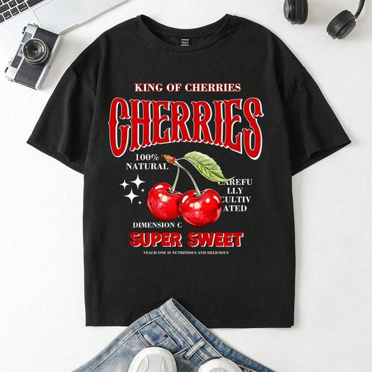 Plus Size Cherry Ocean Shark Print Round Neck Short Sleeve Women's by GJG Denim