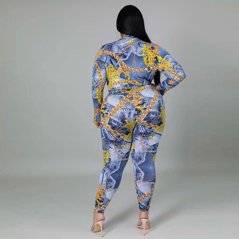 Plus Size Women's Autumn New Fashion V-neck Printed Shirt Trousers Suit by GJG Denim