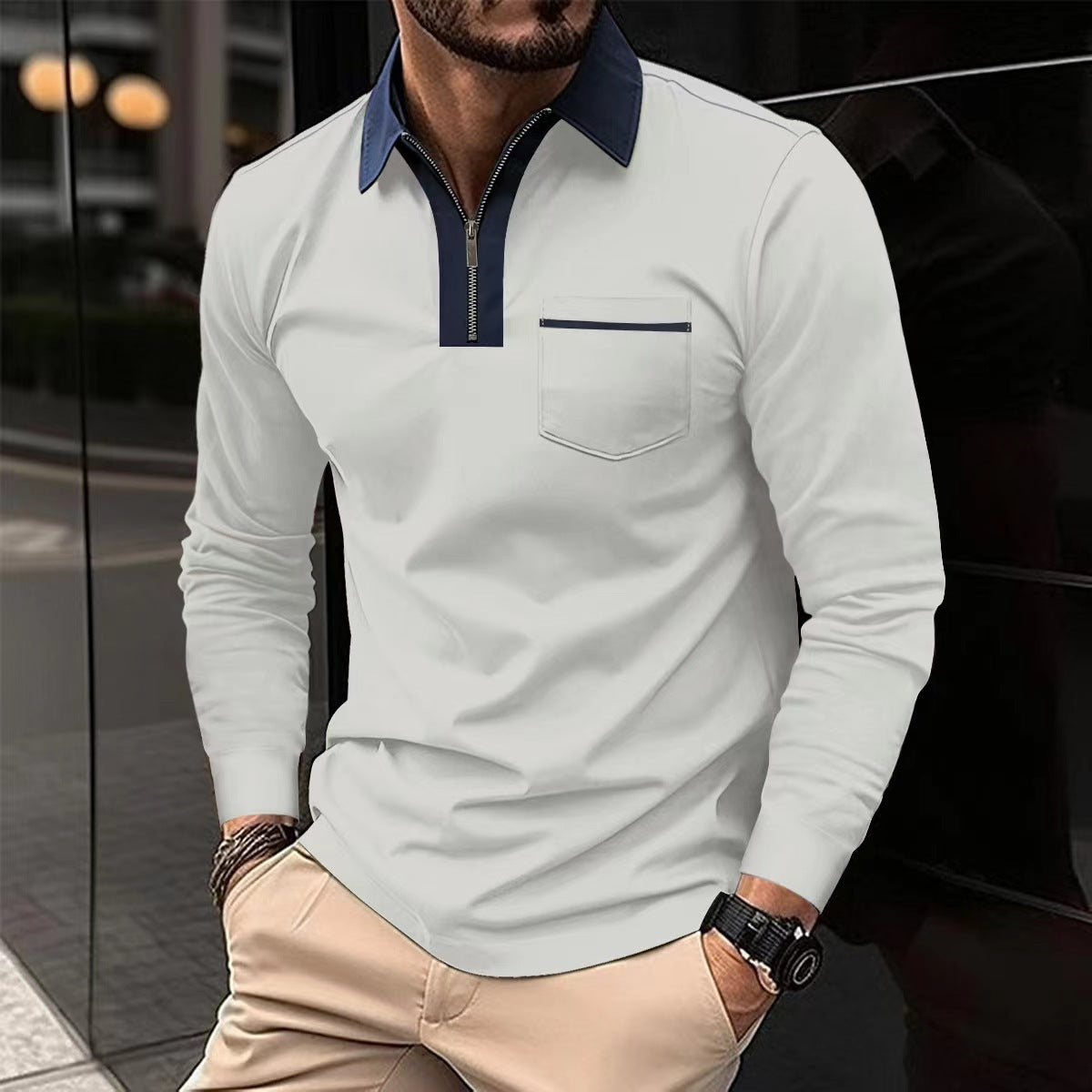 Men's Long Sleeve Zipper Polo Shirts Lapel Collar Zip Up