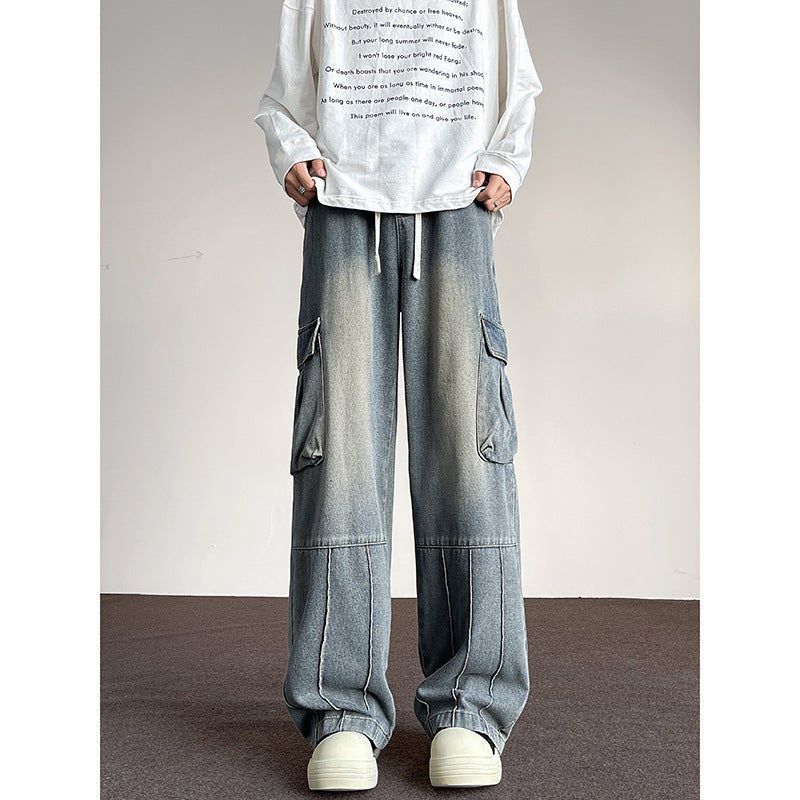 Washed Vintage Denim Men's Versatile Wide-Leg Multi-Pocket Casual Jeans