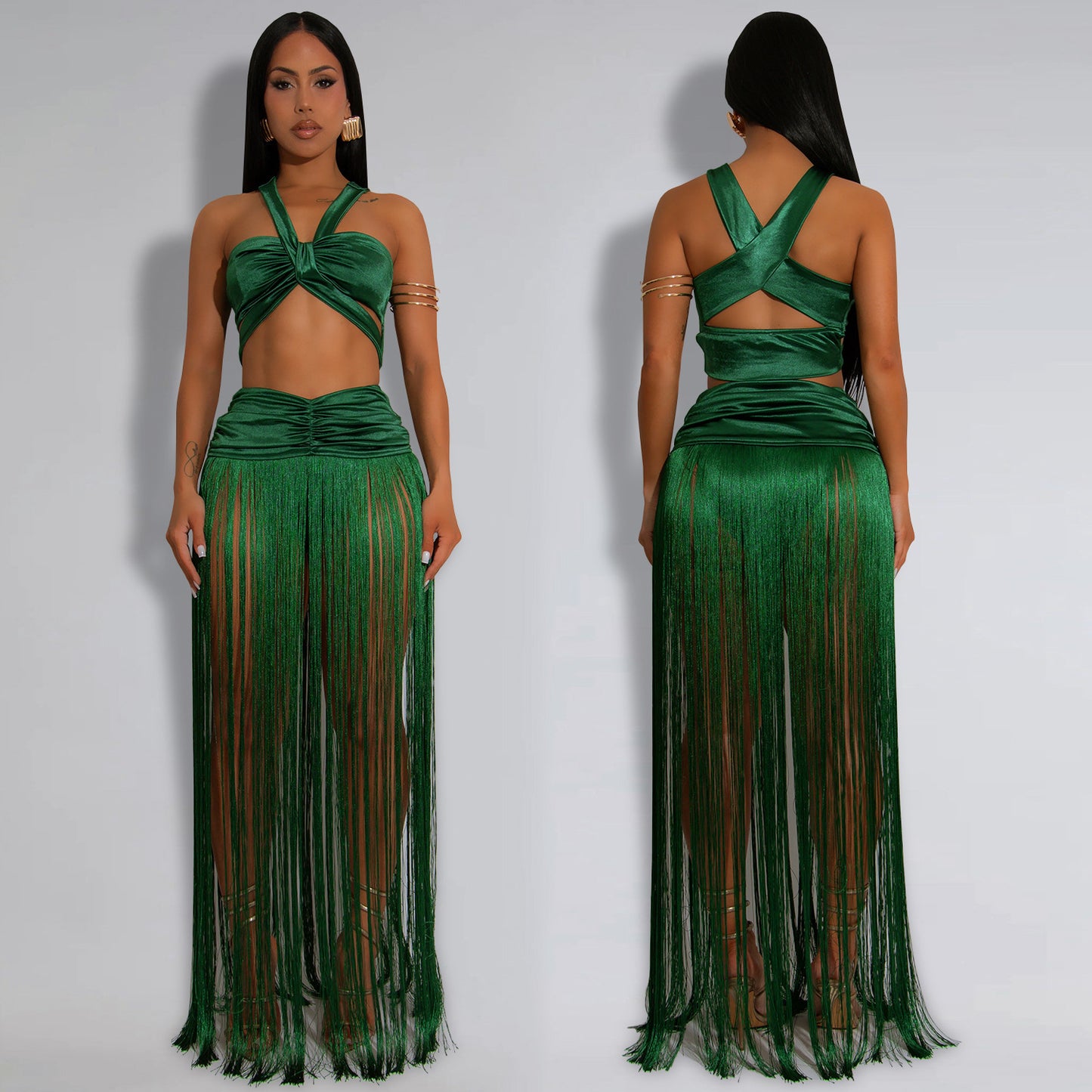 Sexy Shoulder Strap Top Tassel Skirt Two-piece Set