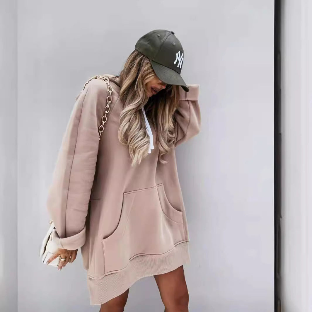 Women's Solid Color Hooded Mid-length Sweater